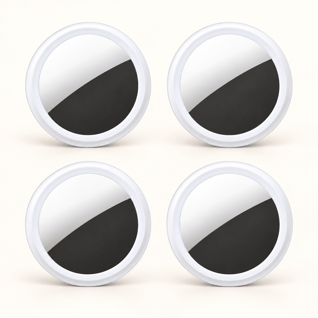 Four white circular S10 Bluetooth item finders on a warm cream background