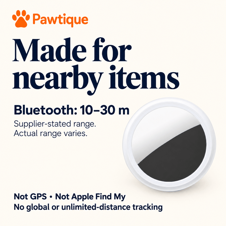 S10 nearby-item finder guide: supplier-stated Bluetooth range 10–30m, not GPS or Apple Find My