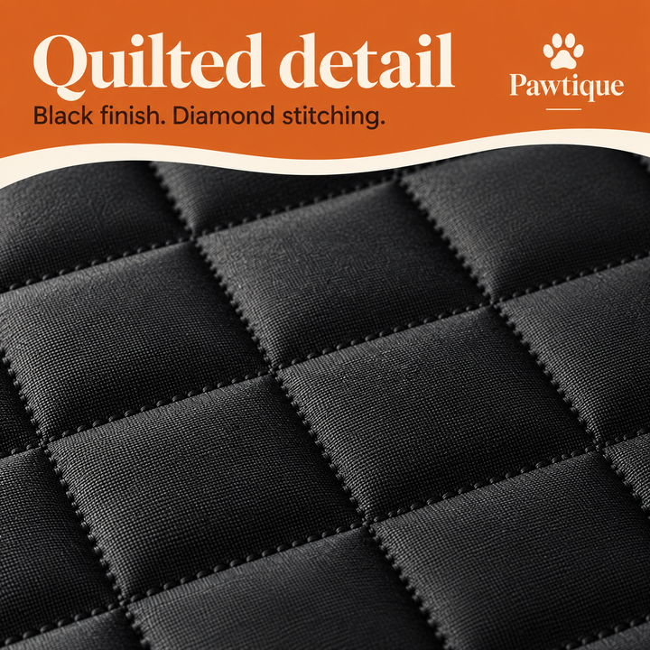 Close-up of Pawtique SafeRide black quilted surface and diamond stitching.