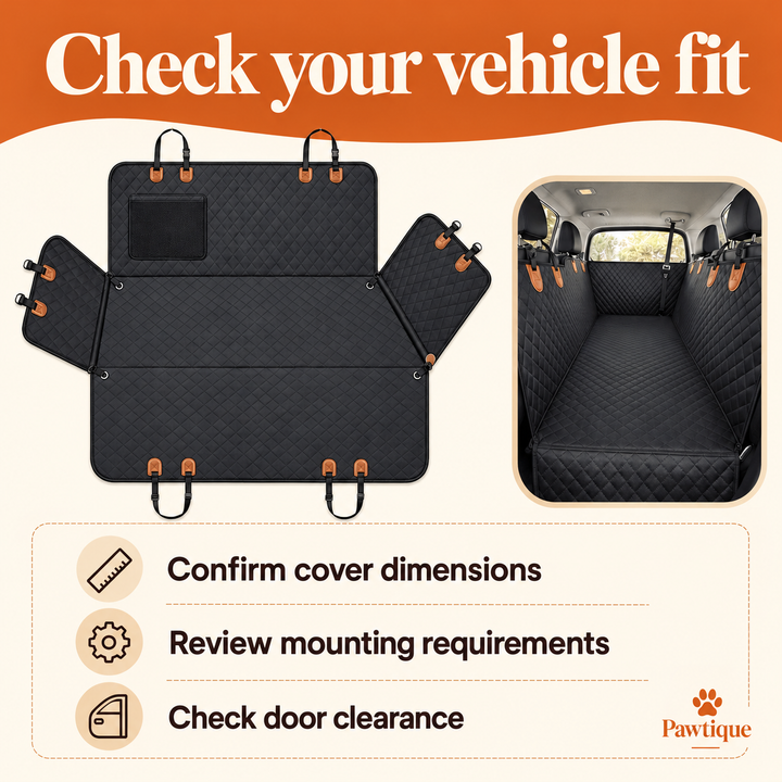 Pawtique SafeRide vehicle-fit checklist: confirm cover dimensions, mounting requirements and door clearance.