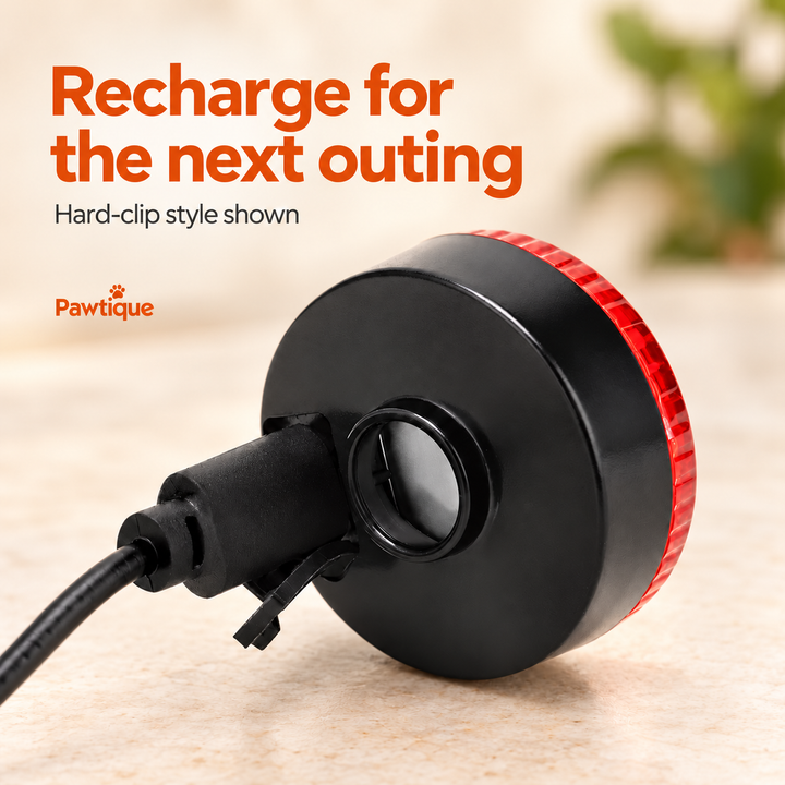 Rear charging connection and open cover on hard-clip rechargeable collar light