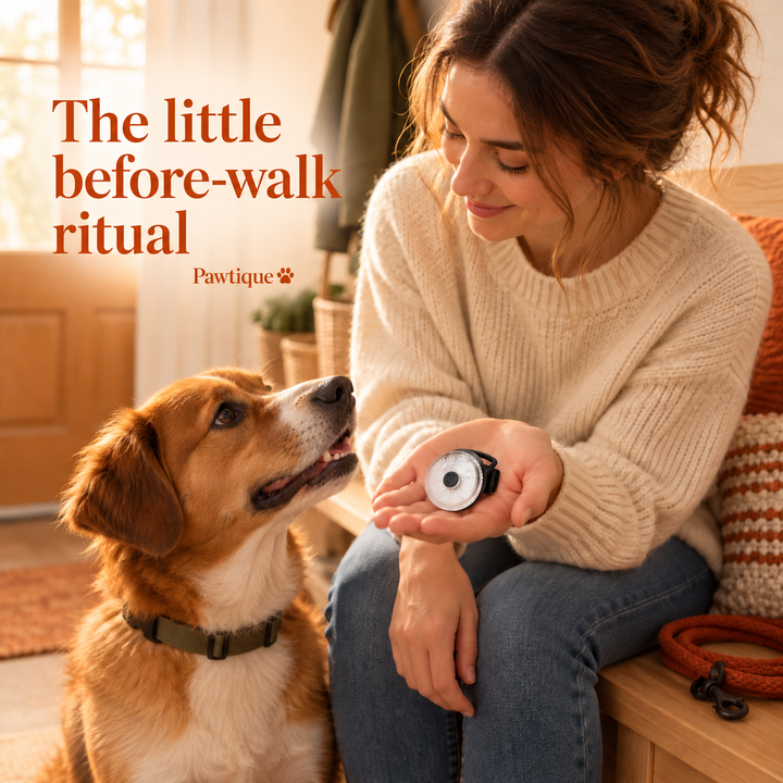 Owner holding white hard-clip light beside dog before a walk
