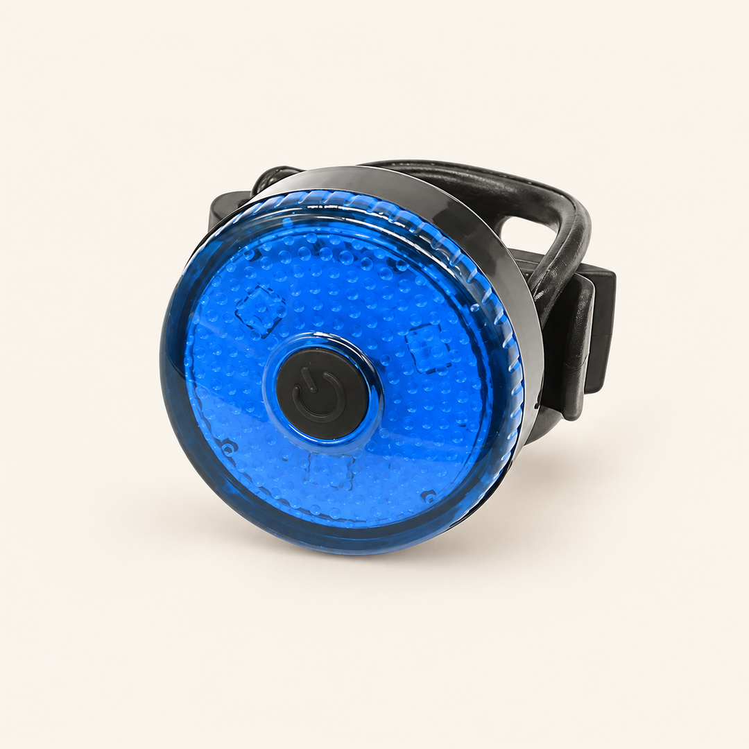 Blue rechargeable LED collar light, hard-clip round body