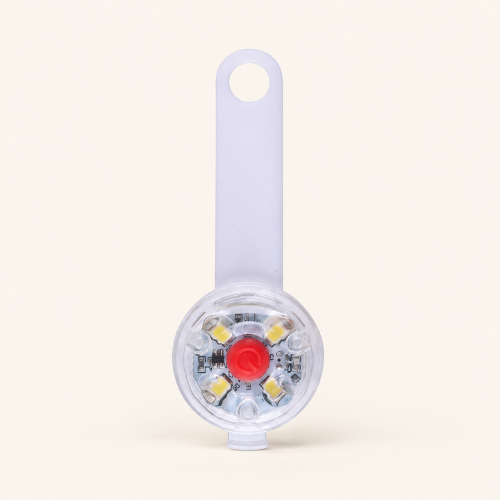 White 2 rechargeable LED collar light, flexible strap with clear round lamp and red center button