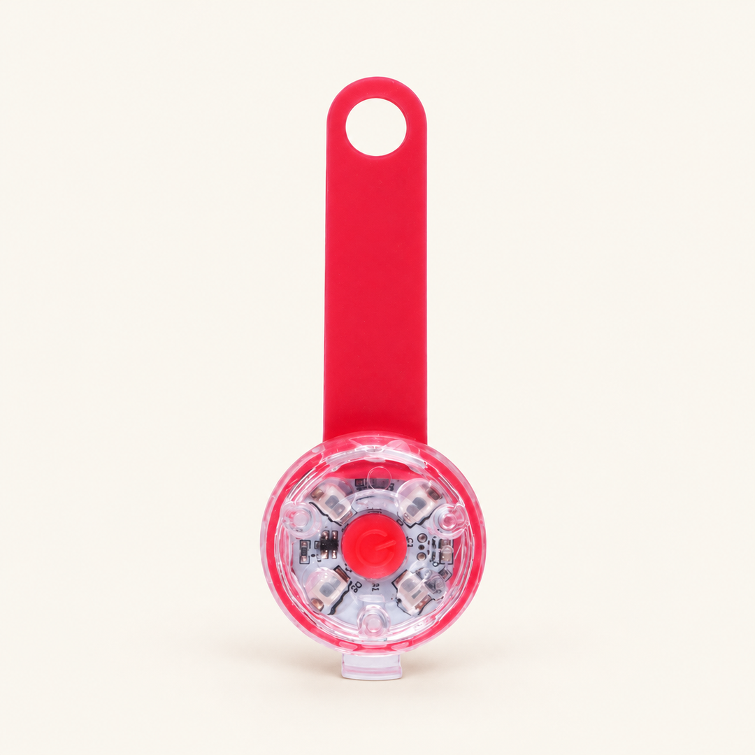 Red 2 rechargeable LED collar light, flexible strap with clear round lamp and red center button