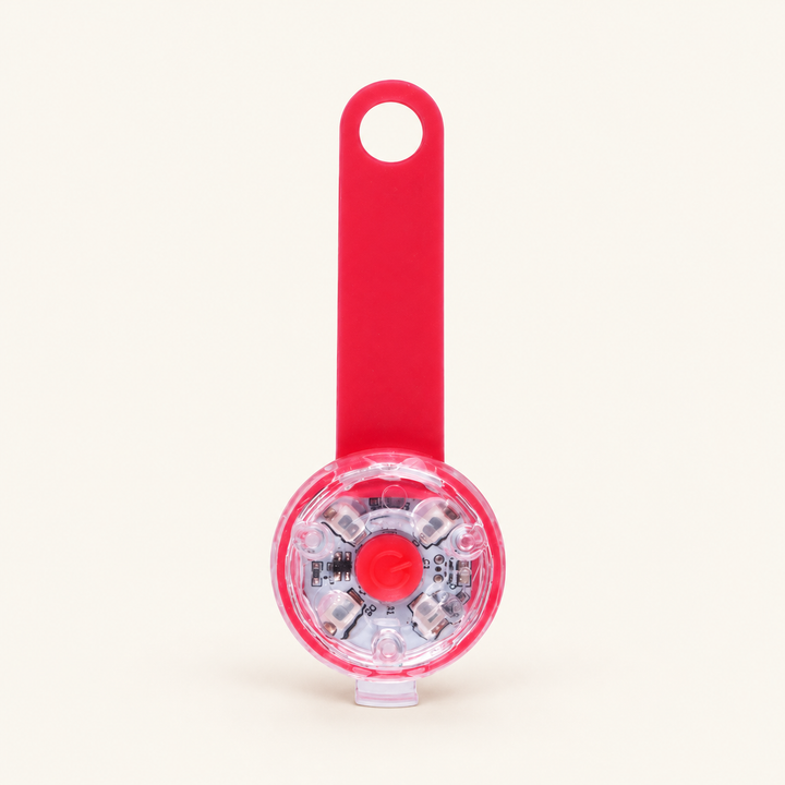 Red 2 rechargeable LED collar light, flexible strap with clear round lamp and red center button