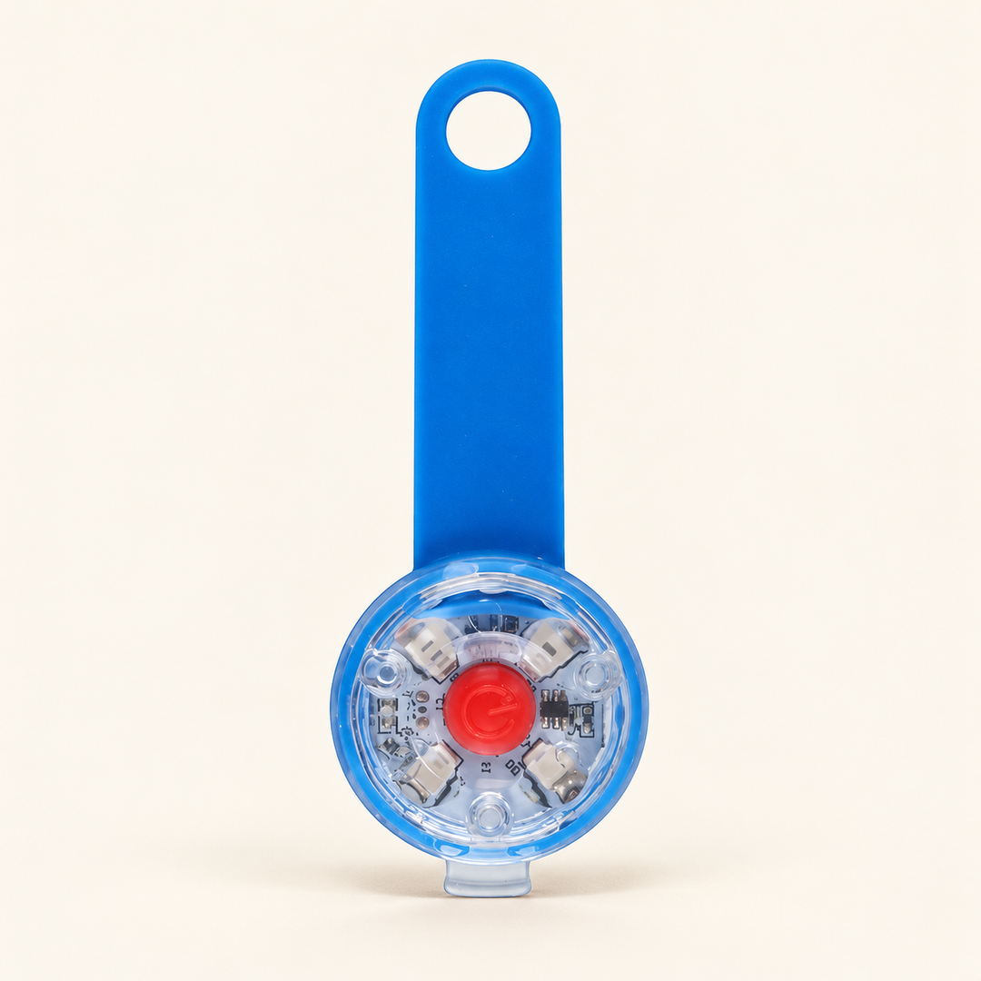 Blue 2 rechargeable LED collar light, flexible strap with clear round lamp and red center button