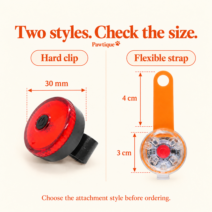 Size guide: hard-clip lamp 30 mm; flexible-strap light with 4 cm strap and 3 cm lamp