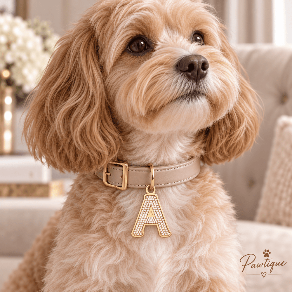 SignatureSpark A pendant worn on a beige dog collar; collar not included