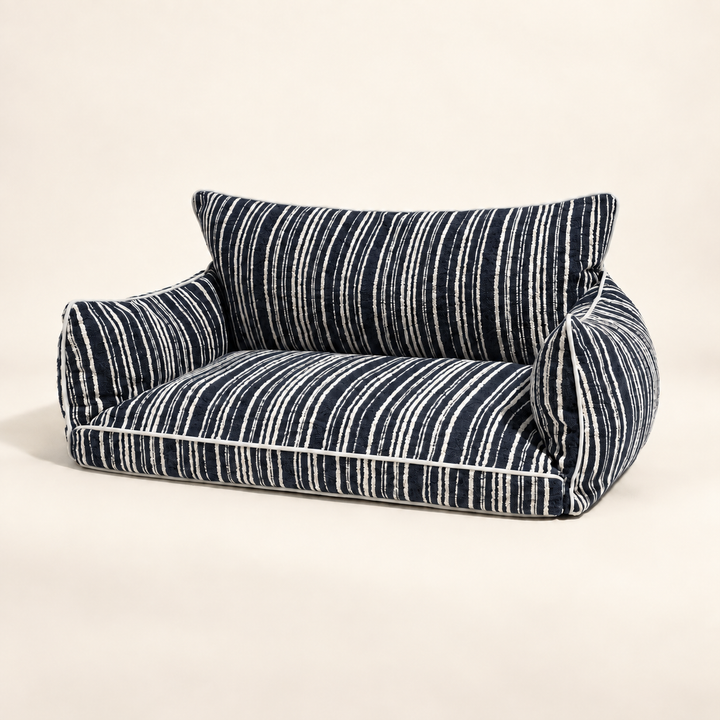 Pawtique SnugNest navy stripe bolster dog sofa bed