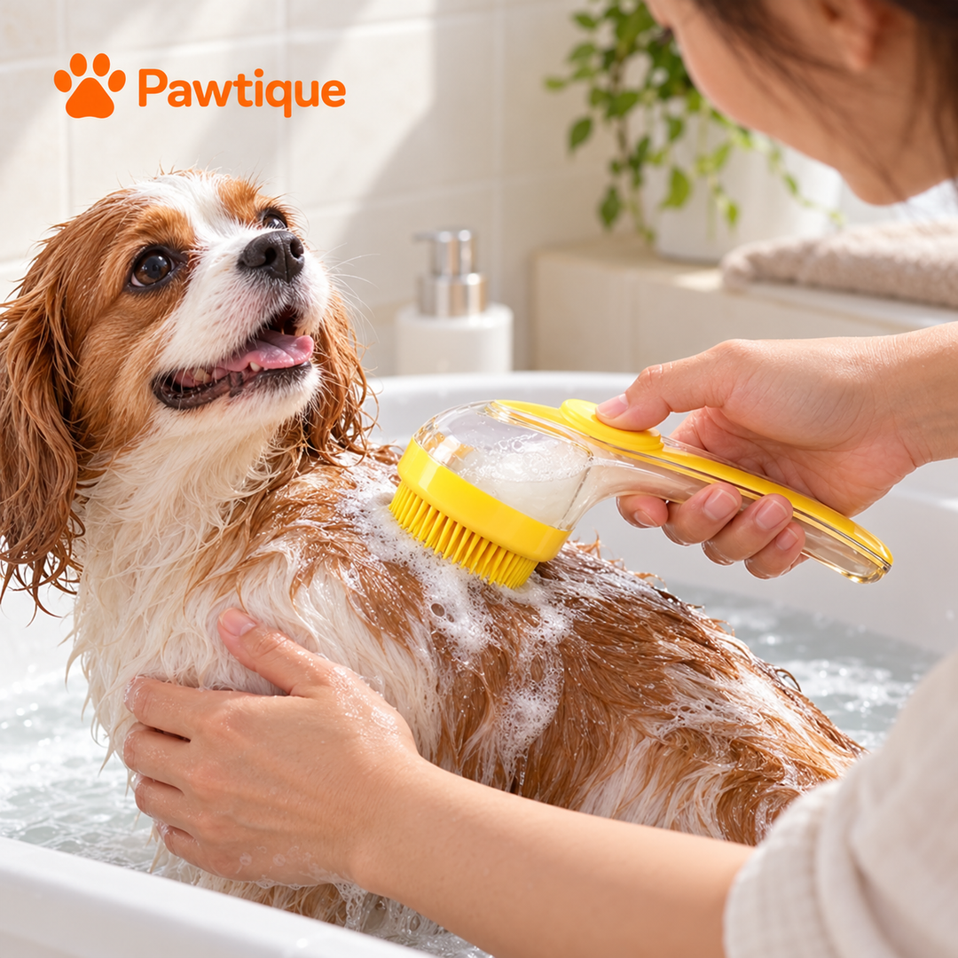 Yellow shampoo-dispensing brush held against a wet dog during a home bath