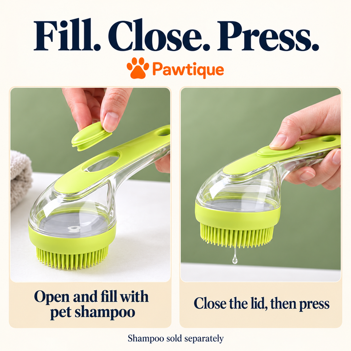 Open the oval lid of the Green brush to add pet shampoo, close it, and press to dispense