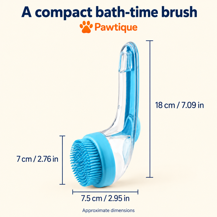 Blue pet bath brush dimension guide: 18 cm length, 7 cm head height and 7.5 cm depth