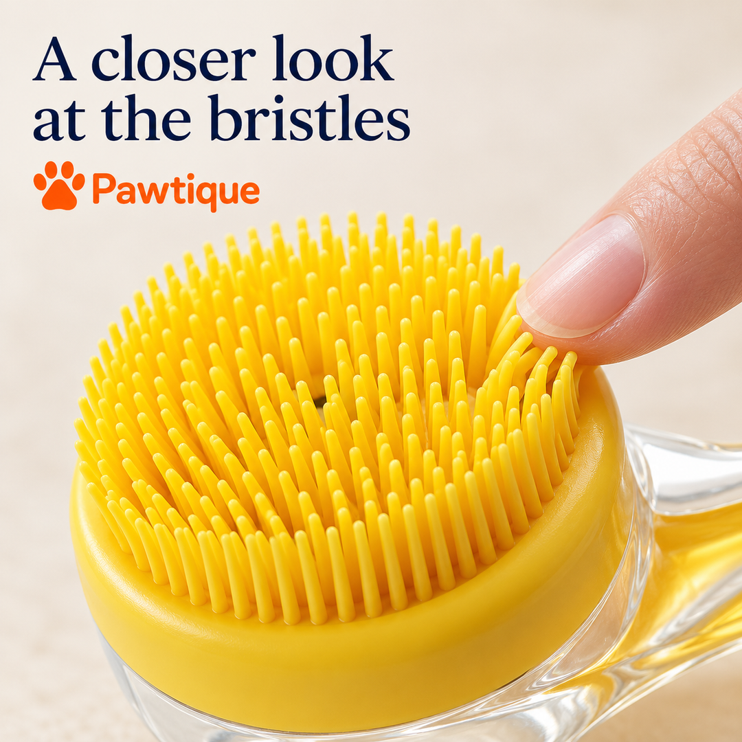 Close-up of fine bristles on the Yellow round brush head with a fingertip for detail