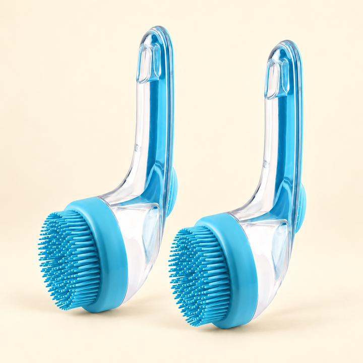 Two matching Blue shampoo-dispensing pet bath brushes, Quantity 2