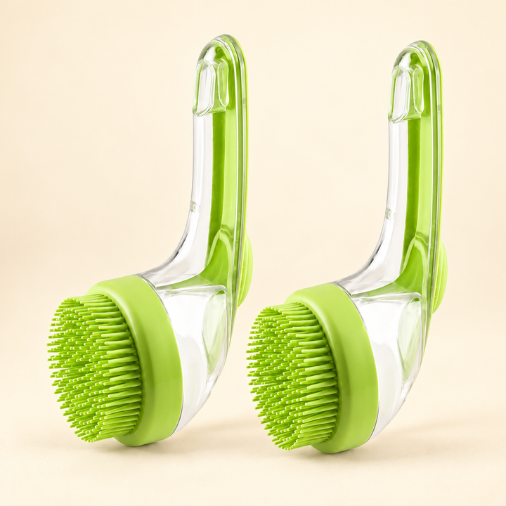 Two matching Green shampoo-dispensing pet bath brushes, Quantity 2