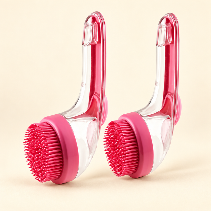 Two matching Hot Pink shampoo-dispensing pet bath brushes, Quantity 2