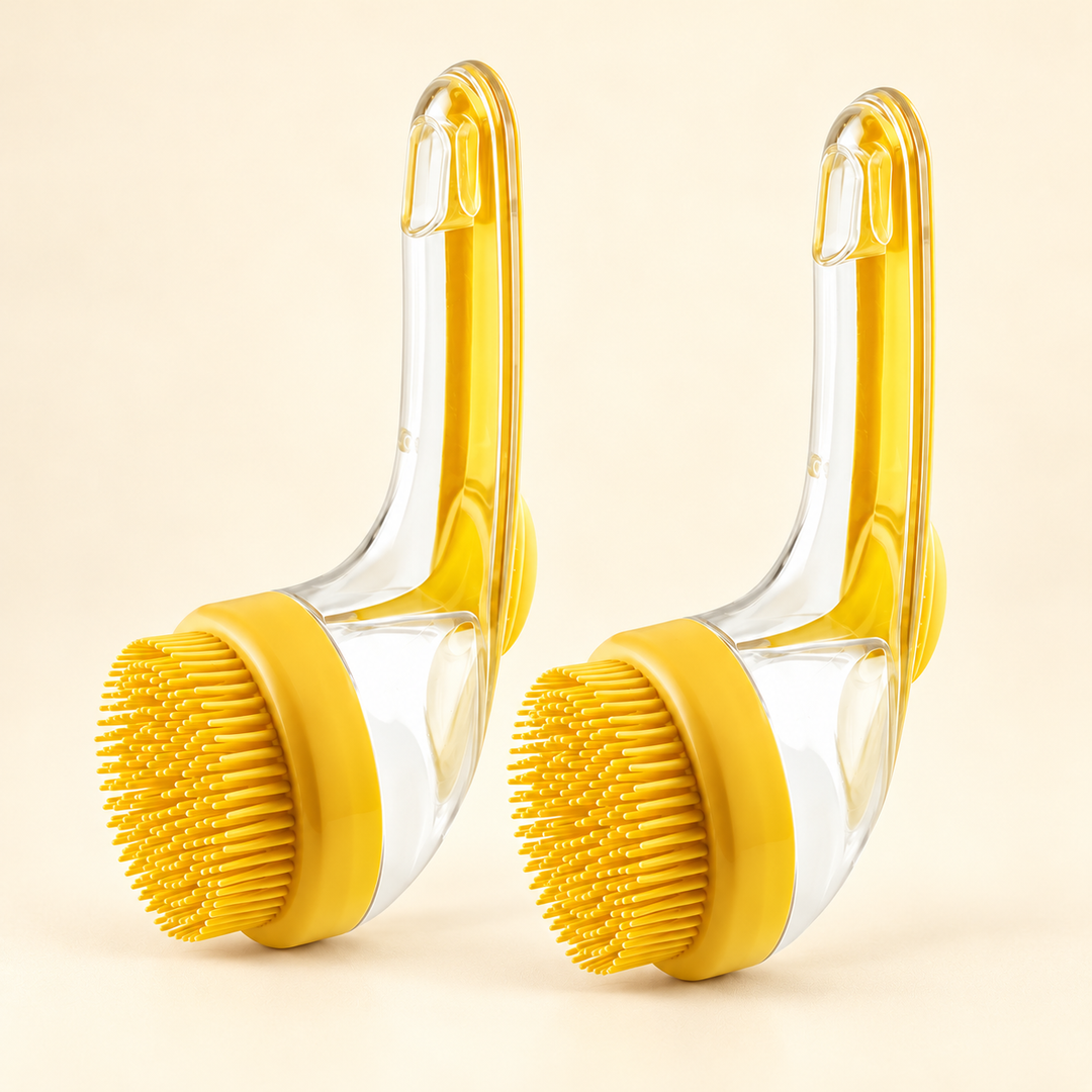 Two matching Yellow shampoo-dispensing pet bath brushes, Quantity 2
