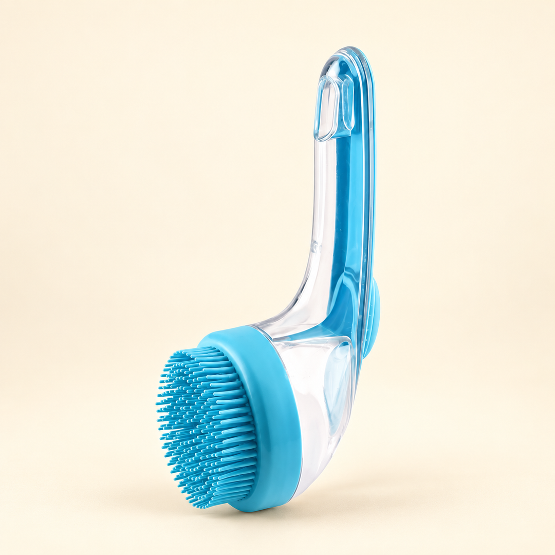 One Blue Pawtique shampoo-dispensing pet bath brush on a warm cream background