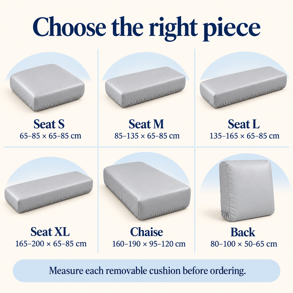 Seat, chaise and back cushion cover length and width ranges in centimeters