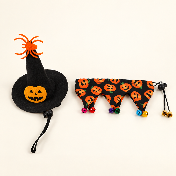 Black pumpkin witch hat and pumpkin print bell bib set