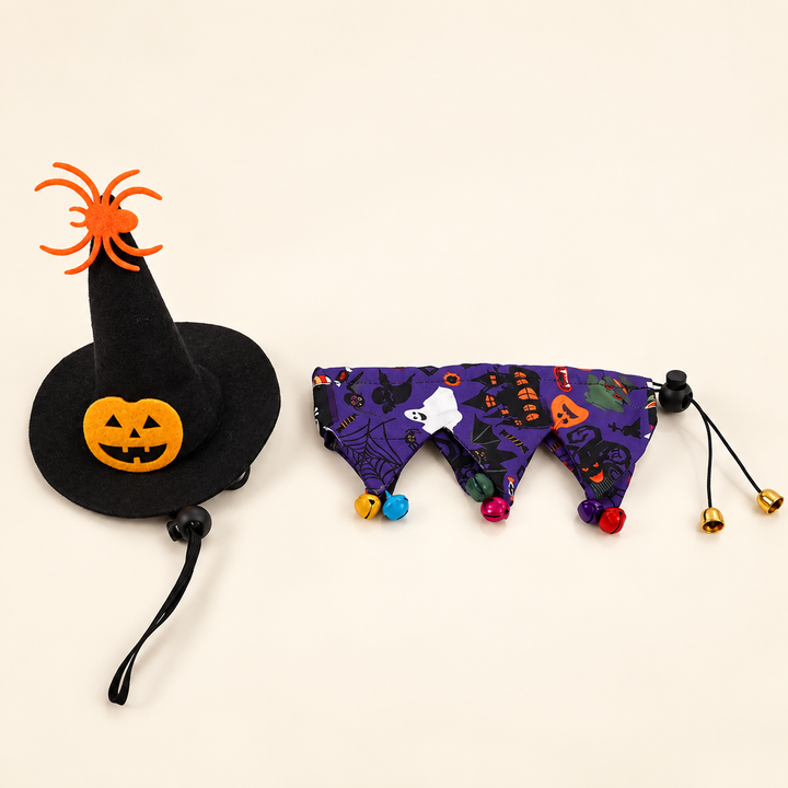 Black pumpkin witch hat and purple Halloween bell bib set