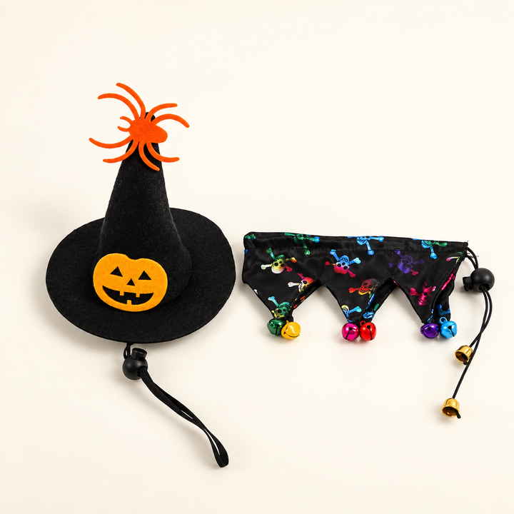 Black pumpkin witch hat and skull print bell bib set