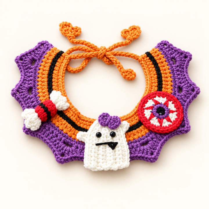 Handmade crochet ghost Halloween pet collar