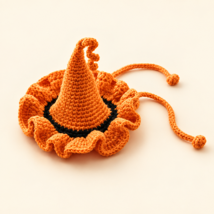 Handmade orange crochet witch hat for pets