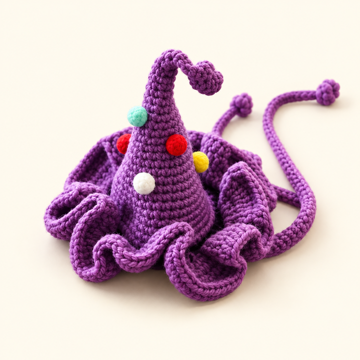 Handmade purple crochet witch hat for pets