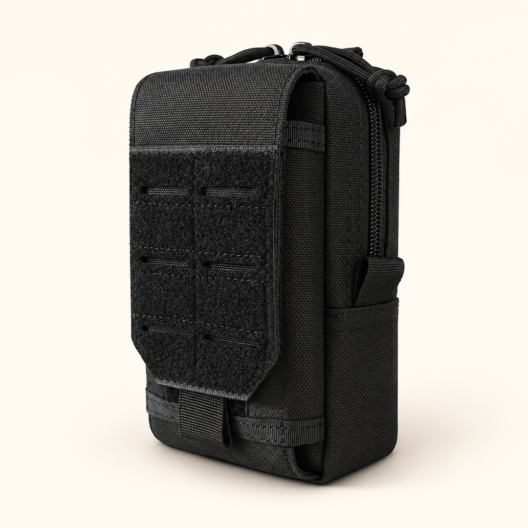 Black strap-on walking gear pouch on a warm cream background