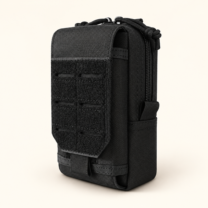 Black strap-on walking gear pouch on a warm cream background