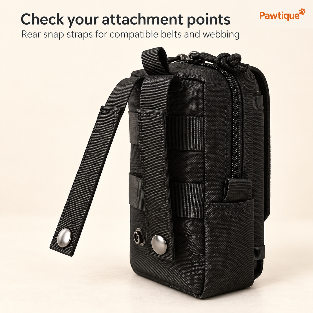 Rear snap straps and webbing on the black walking gear pouch