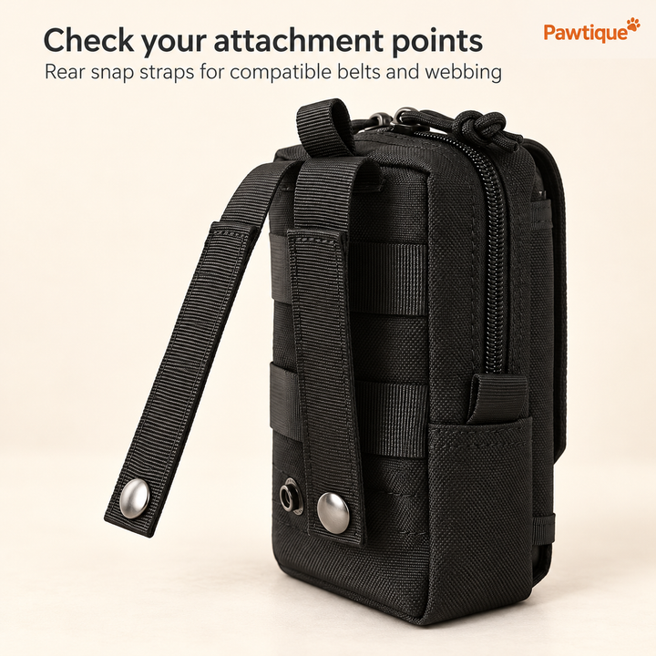 Rear snap straps and webbing on the black walking gear pouch