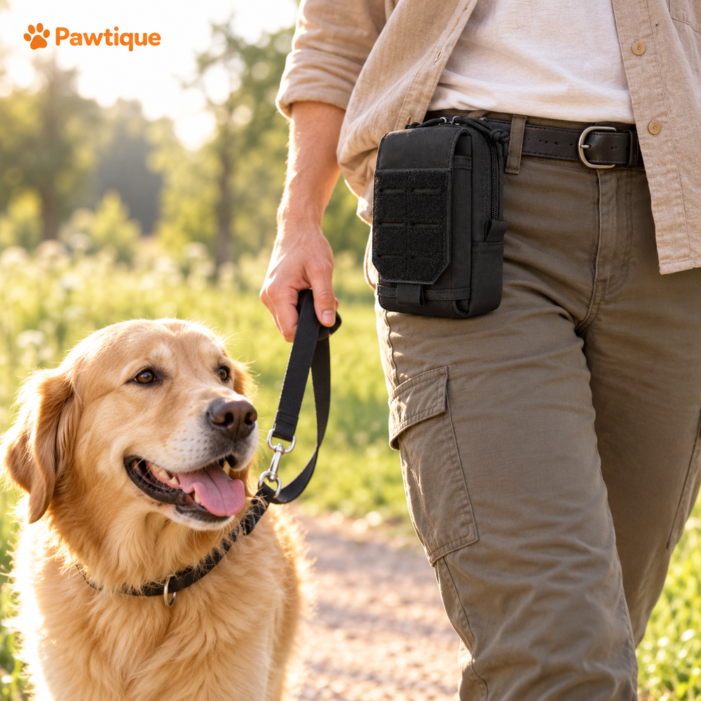 Black walking gear pouch attached to an owner's belt during a dog walk