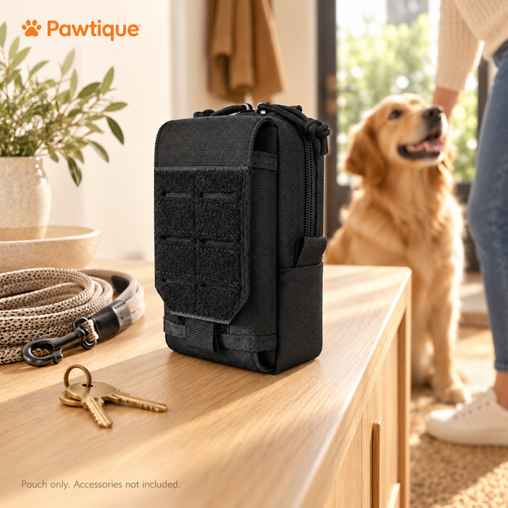 Black pouch by the door before a dog walk; accessories not included