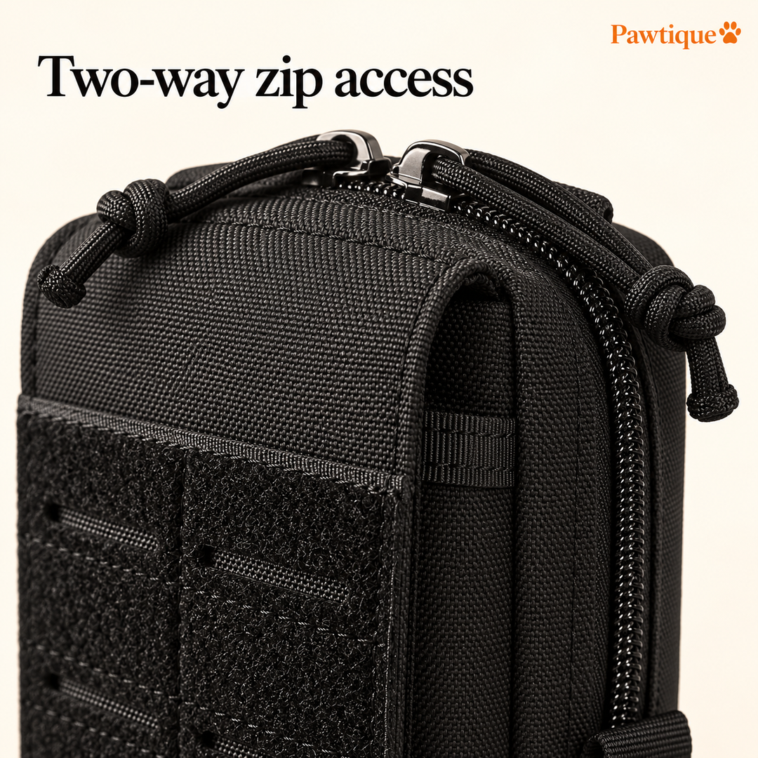 Two-way zipper and knotted cord pulls on the black gear pouch