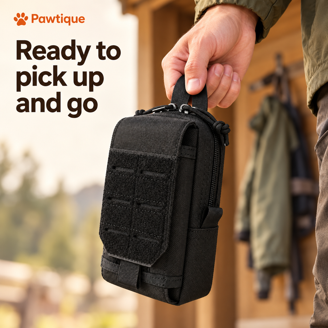Hand-held black walking gear pouch showing its compact scale
