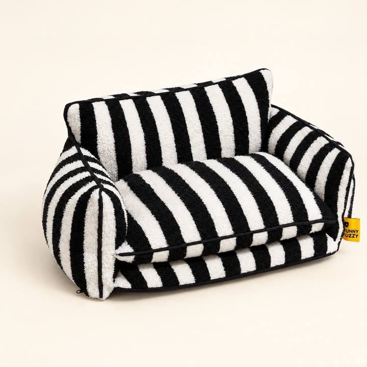 StripeNest Classic Black Stripe sofa bed; source-faithful two-layer cushion and original physical sewn markings