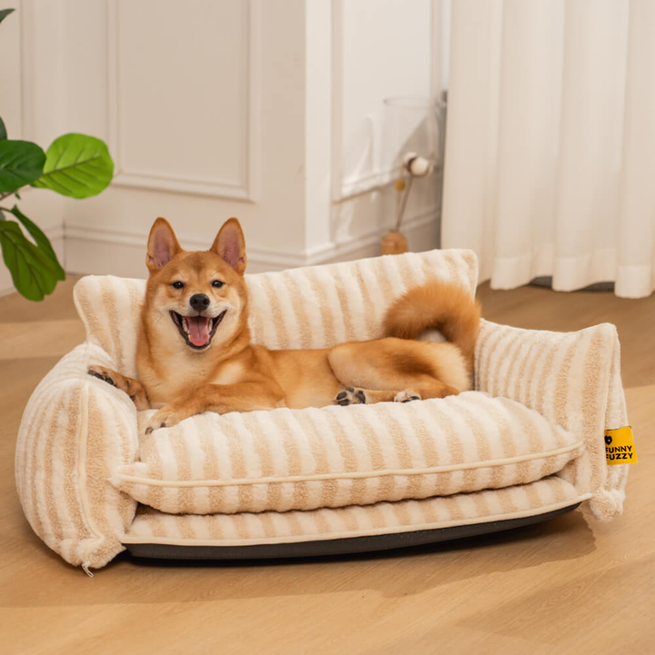 StripeNest Ivory Stripe sofa bed; source-faithful two-layer cushion and original physical sewn markings
