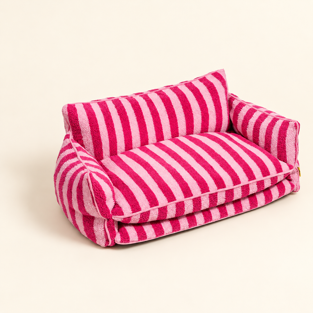 StripeNest Rose Stripe sofa bed; source-faithful two-layer cushion and original physical sewn markings