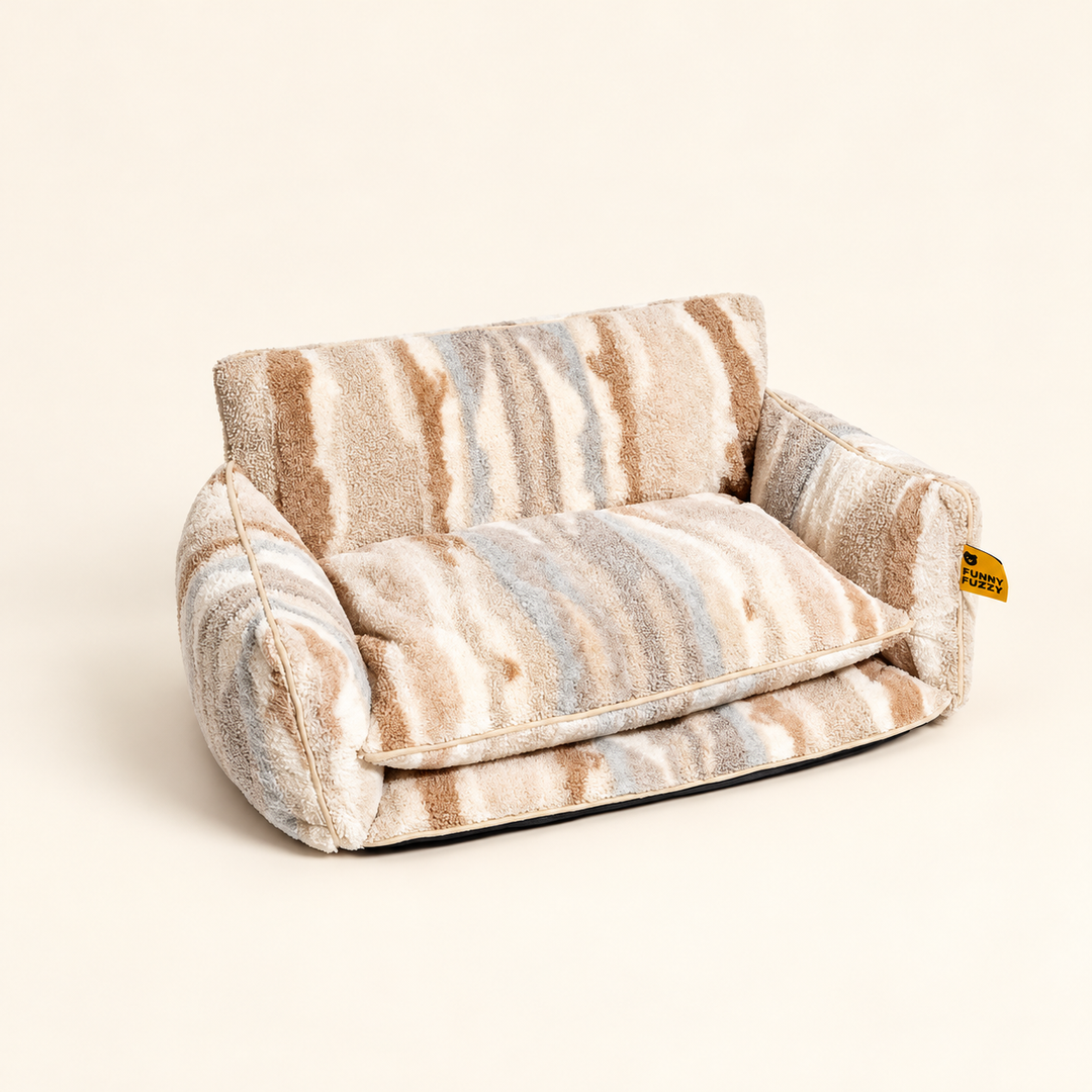 StripeNest Sand &amp; Brown Stripe sofa bed; source-faithful two-layer cushion and original physical sewn markings