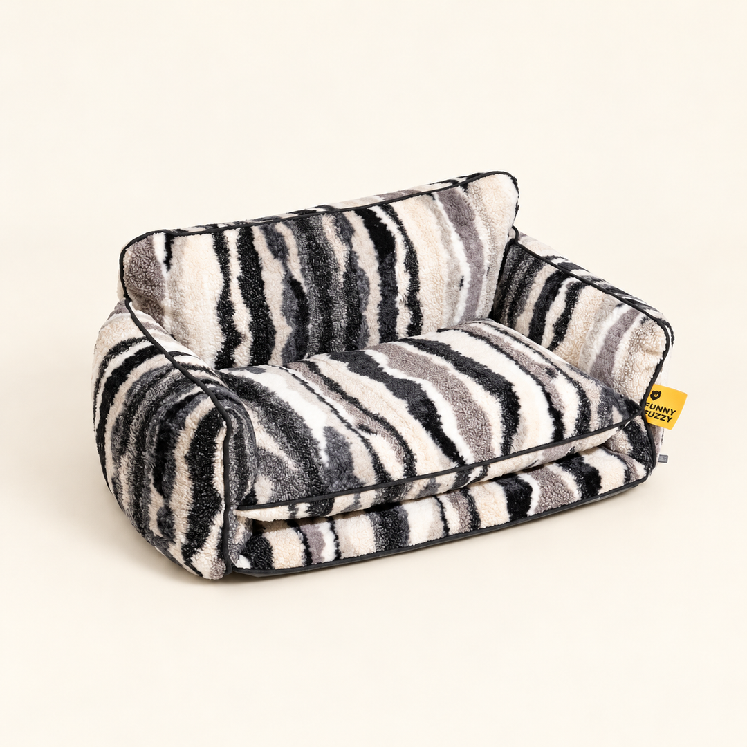 StripeNest Zebra Black &amp; White sofa bed; source-faithful two-layer cushion and original physical sewn markings