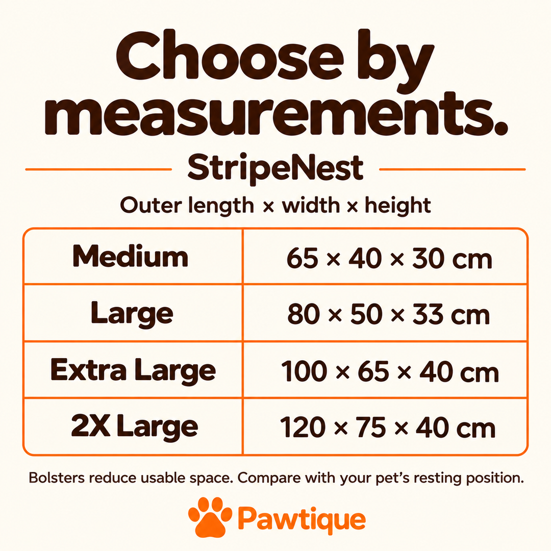 StripeNest measured overall sizes in centimetres