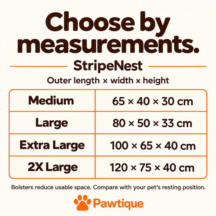 StripeNest measured overall sizes in centimetres