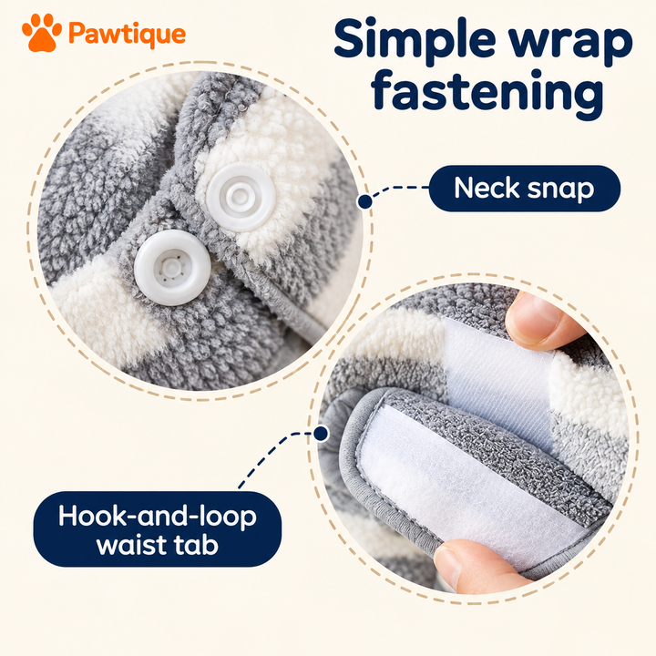 Striped fleece bathrobe neck snap and hook-and-loop waist tab close-ups