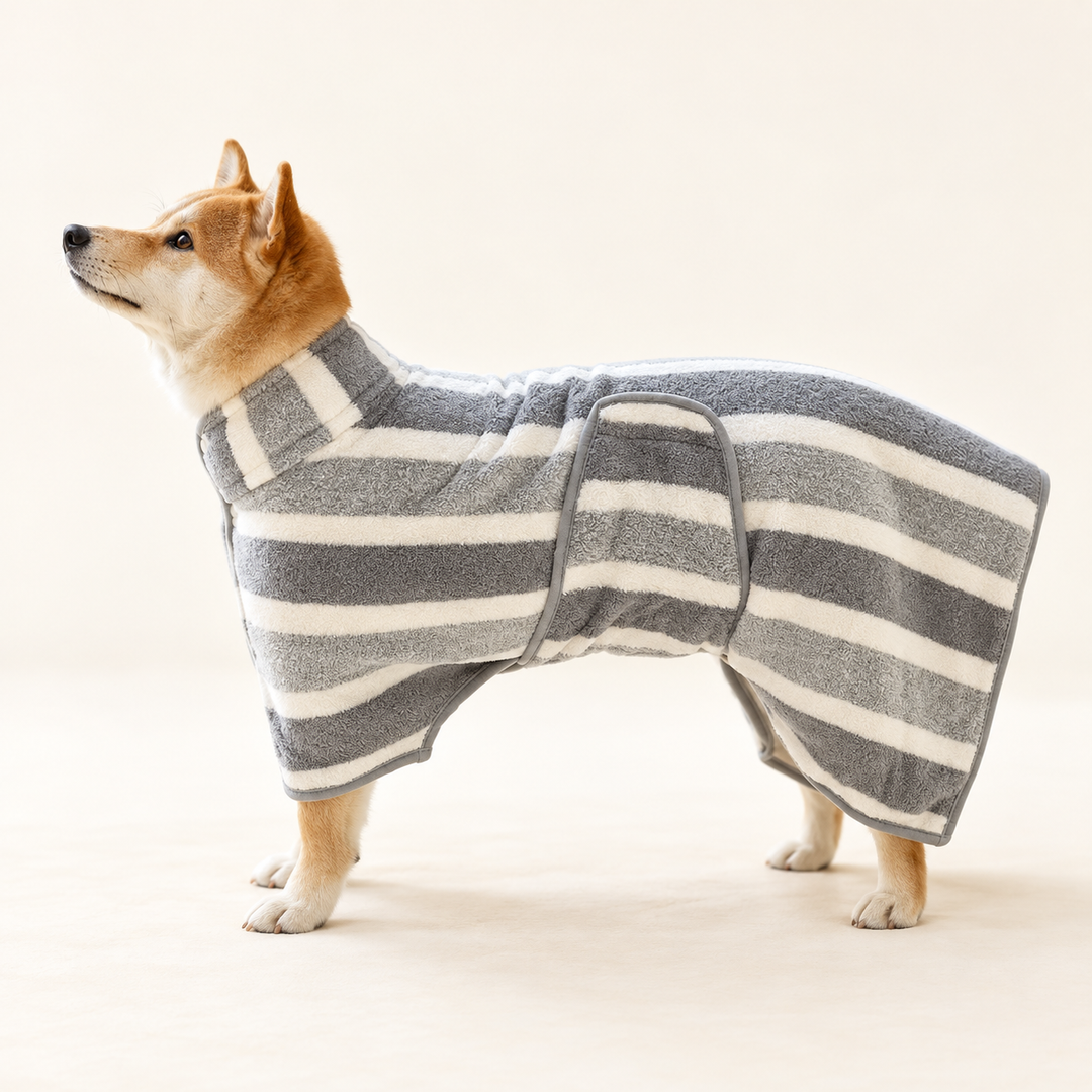 Gray and ivory striped fleece dog bathrobe with wrap waist tab