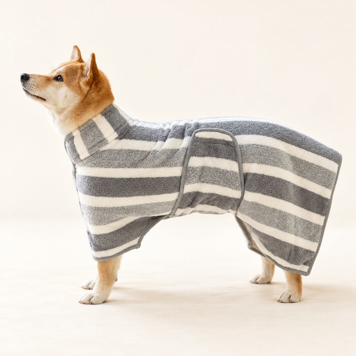 Gray and ivory striped fleece dog bathrobe with wrap waist tab