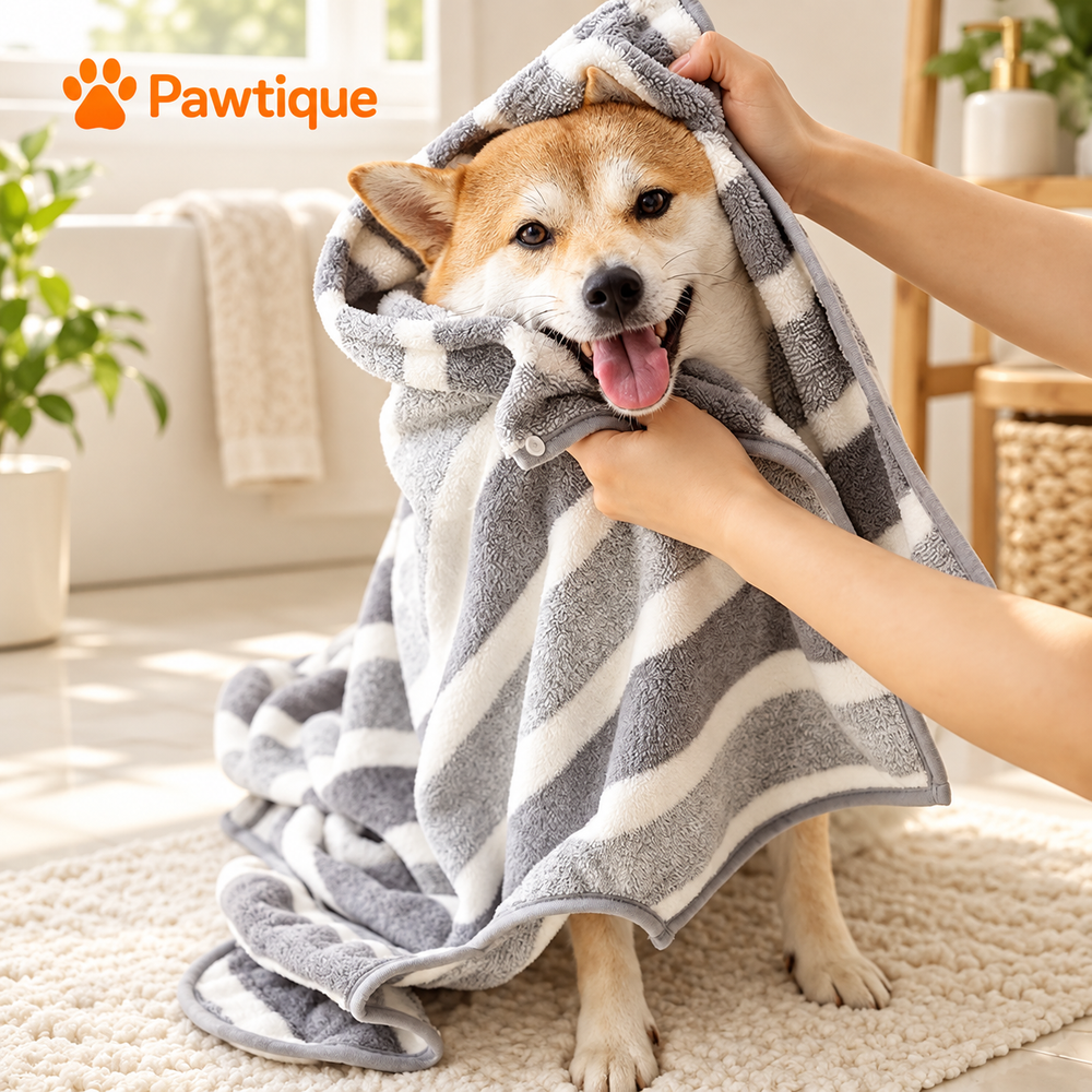Owner drying a dog after a bath with the opened gray and ivory striped wrap