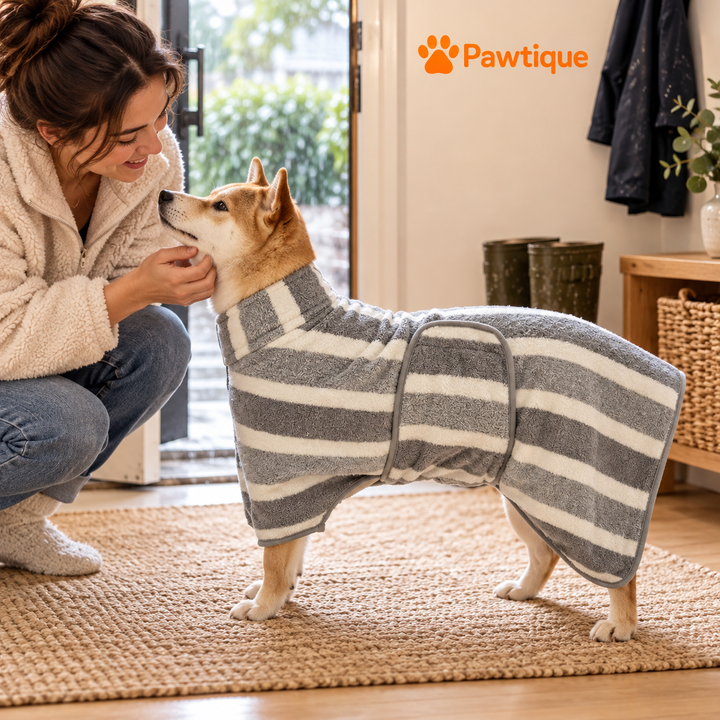 Dog wearing the striped fleece wrap indoors after a rainy walk